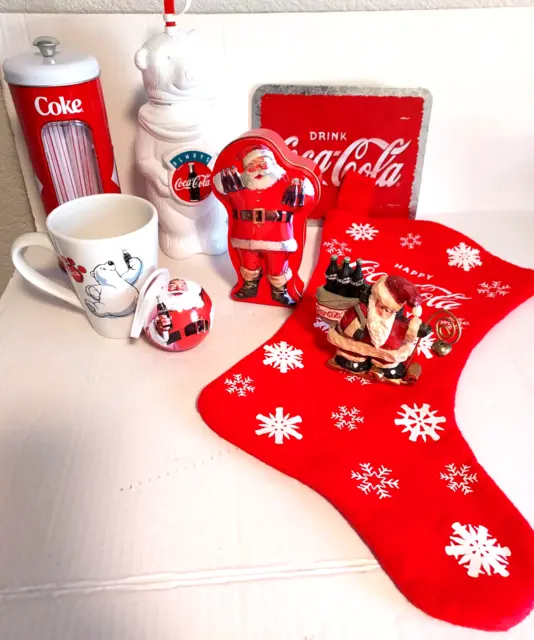 Coca Cola Christmas Stocking Tin Canister Mug Ornaments Trivet & More - 8 Items