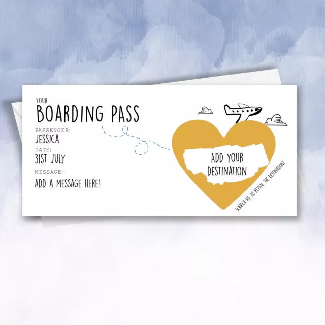 Personalised Boarding ticket Surprise scratch off Trip Reveal Gift iou holiday