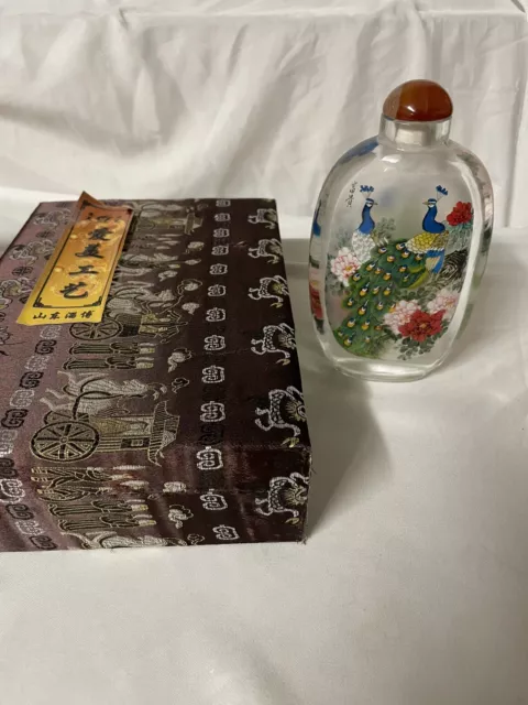 Chinese Reverse Inside Painted Peacocks Glass Snuff Bottle Signed with box