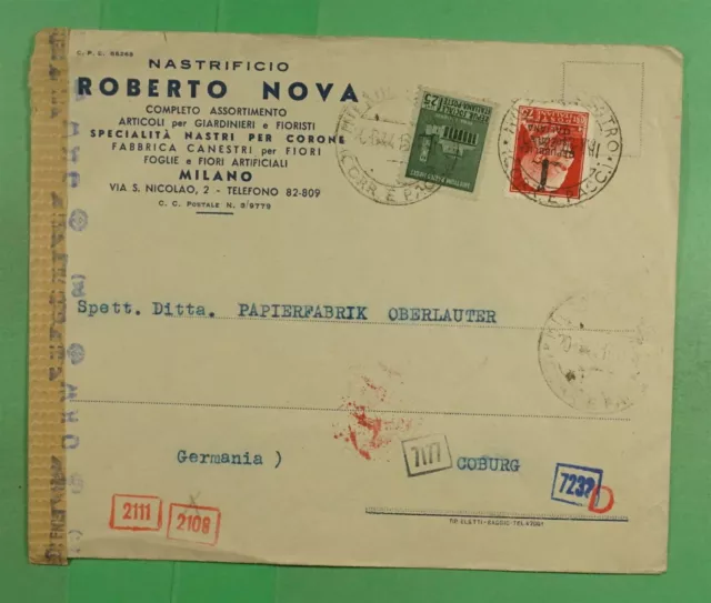 DR WHO 1944 ITALY OVPT WWII CENSORED MILAN TO GERMANY j48283