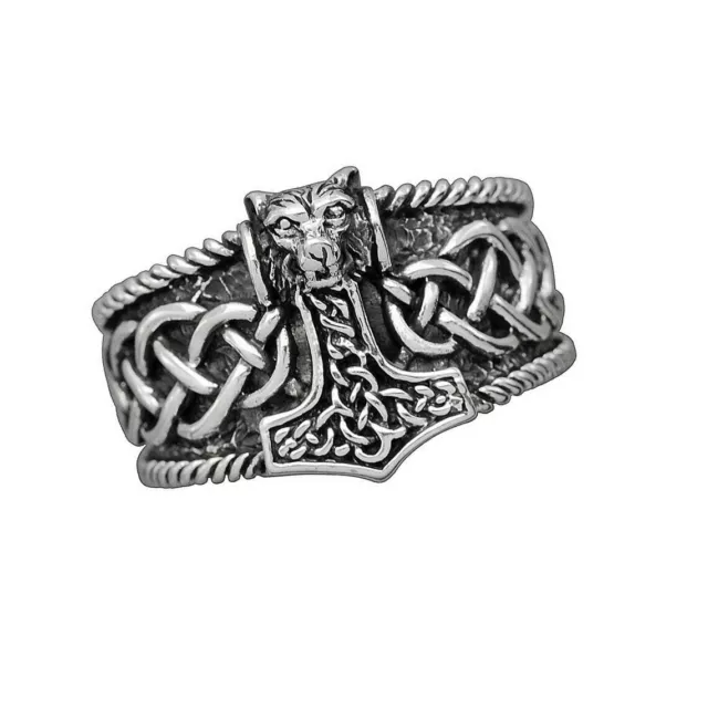 925 Silver Wolf Thor's Hammer Mjolnir Viking Ring for Men Silver Norse Punk Ring