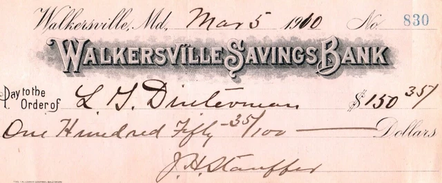 1910 Walkersville Savings Bank Check J.H. Stauffer General Merchandise $150.35