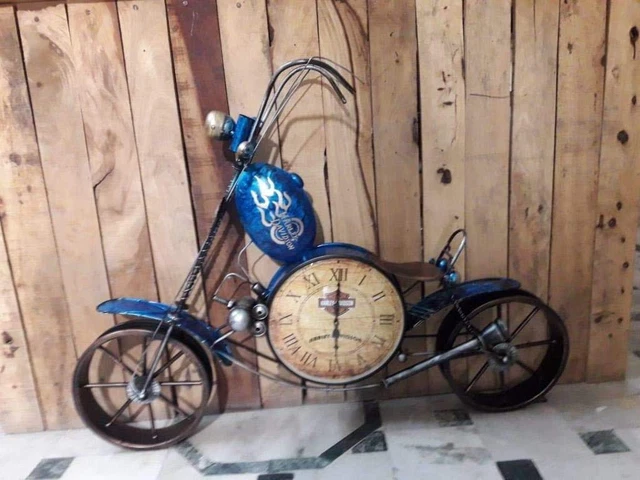 Big Iron Metal Wall Hanging Bullet Bike Wall Clock for Home Decor (Blue)