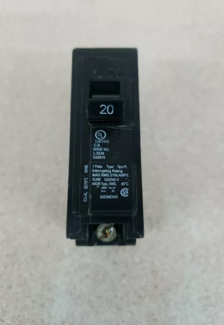 B120 Siemens Circuit Breaker 1 Pole 20 Amp, 120 Vac, Bolt On, Bl120