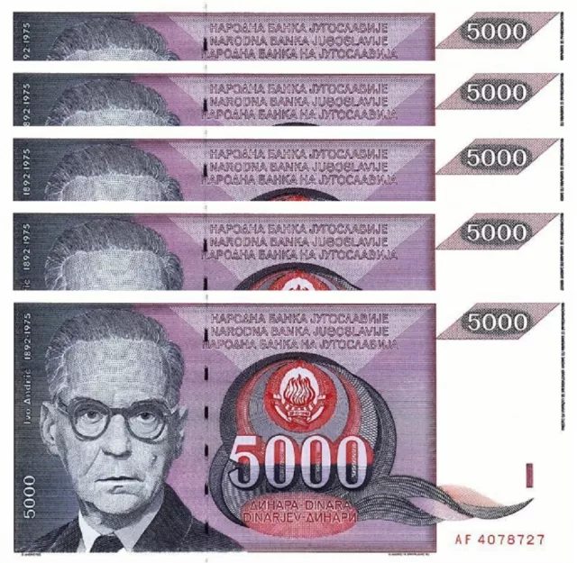 Yugoslavia 5000 Dinara 1991, Unc, 5 Pcs Lot, P-111