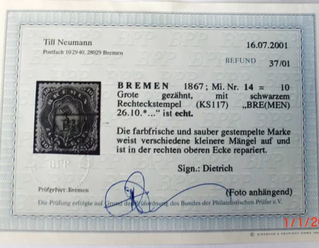 1866 Mi:1400,- MiNr 14 Wappen 10 Gr schwarz gezähnt gestempelt BREMEN Befund BPP 2