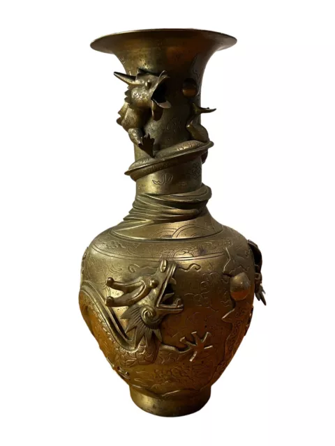 Antique Early 20th Century Chinese Brass Dragon Urn Vase Planter Solid Heavy