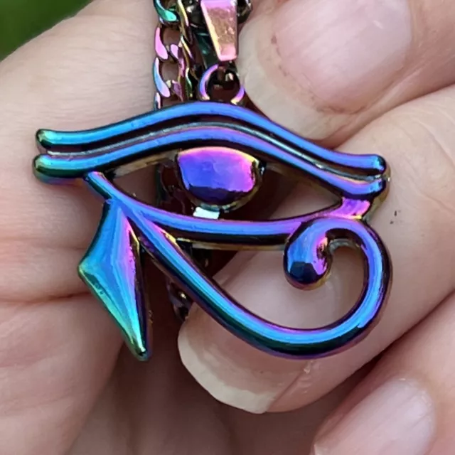 Iridescent Rainbow Egyptian Eye Of Horus Wadjit Necklace, Women’s Men’s Jewelry