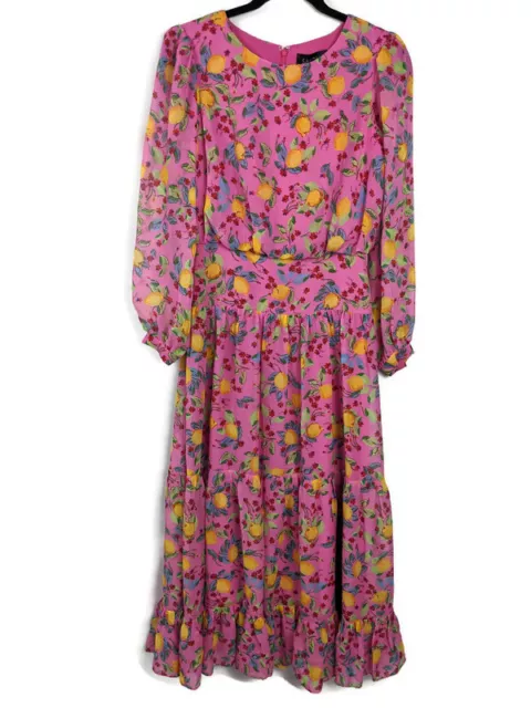 NEW SALONI Sz 4 Midi Silk Dress Isabel Limoncello Pink Lemon Floral Long Sleeve