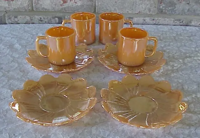 Vintage Fire King Cups Mugs (4) Peach Lustre Lotus Leaf Saucers Plates (4) NICE