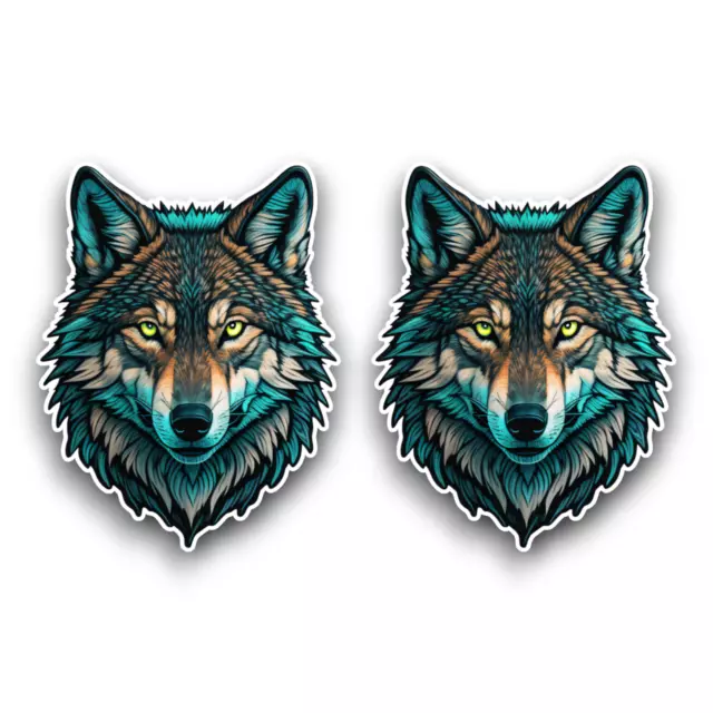 2x Pequeño Hermoso Azul Wolf Cara Pegatina Vinilo Para Portátil de Coche 65x50mm