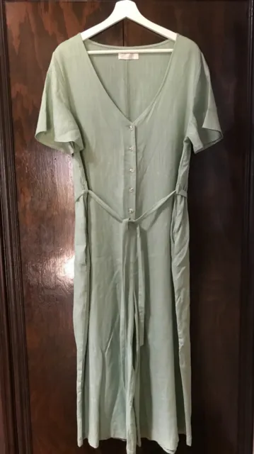 Miracle Green Linen Blend Jumpsuit With Belt & Pockets Size 12 Bnwot