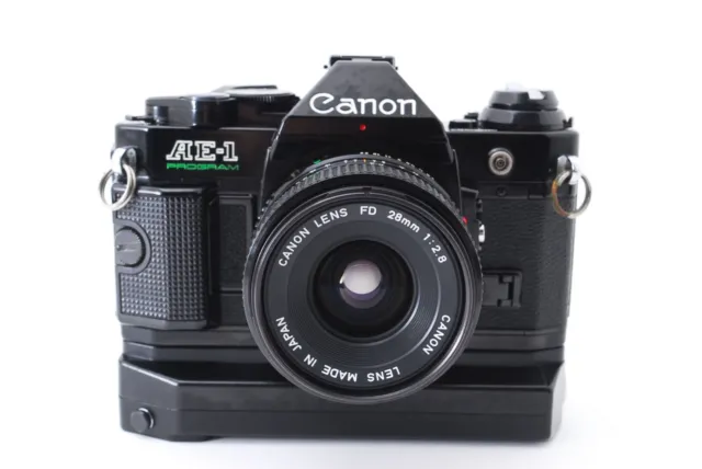 Canon AE-1 Programa Negro Cuerpo Con / Poder Bobinadora 28mm F/2.8 Lente Set De