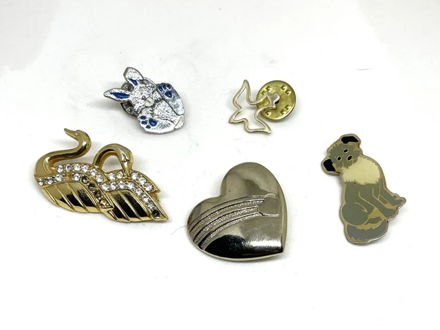 Vintage Lot 5 Brooches Swan Heart Bird Dog Rabbit