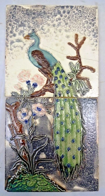 Tile Peacock On Tree Majolica Art Nouveau India Collectible Circa 1930 Rare#311