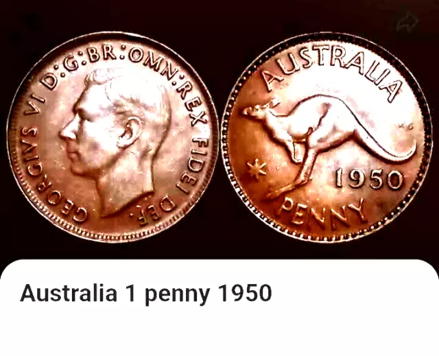 1950 M Australia One Penny Coin, BONUS OFFERS, King George VI, Kangaroo Reverse.