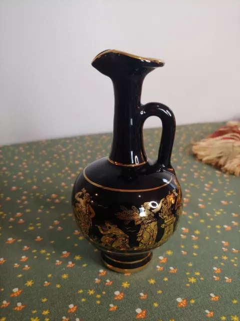 Vintage Small 5" Black & Gold Greek Vase Hand Made In Greece 24K Gold