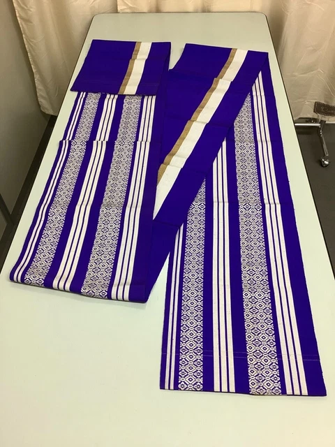 Kimono vintage giapponese Fukuro Obi Tradizione ricamata in seta blu 384x30 cm