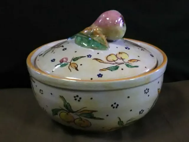 Vtg.Majolica Italian Pottery Hand Painted Fruit Dish w/Sculptured Fruit Lid