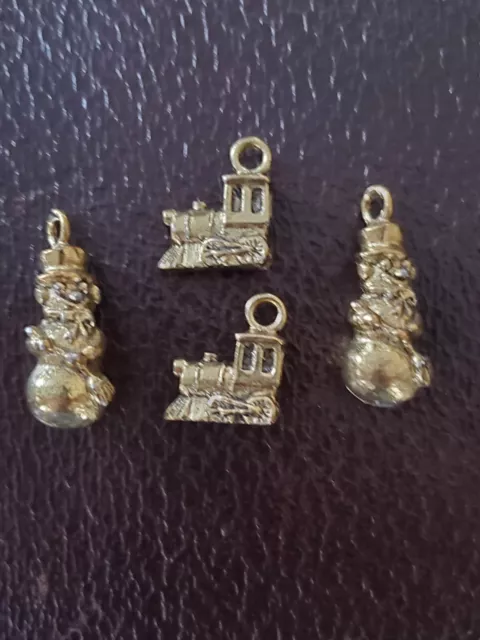 Vtg Metzke Pewter Christmas Charms Goldtone 4 Pc Snowmen Train Engine Signed HTF