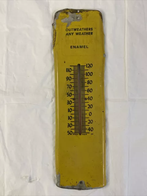 Dulux DuPont Enamel Thermometer Outweathers Any Weather USA ROUGH Yellow Metal