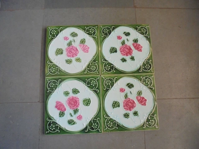 4 Pc Vintage Majolica Floral Decorative Art Ceramic Tiles , Japan
