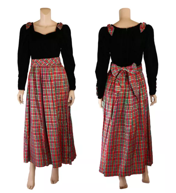 Storybook Heirlooms Vintage 80s Black Velvet Red Plaid Holiday Party Dress sz 14