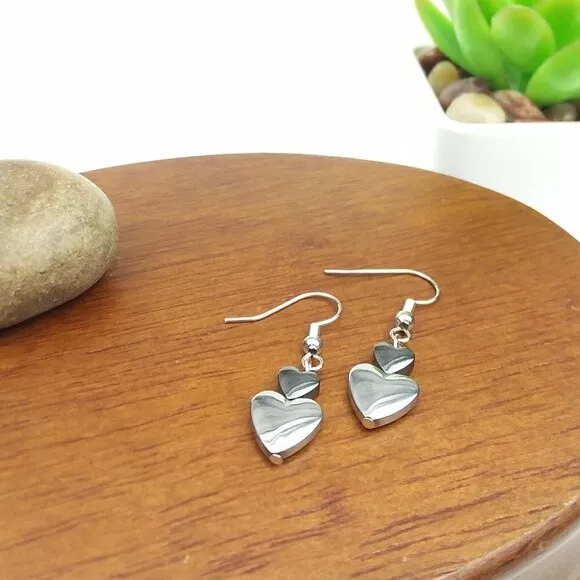 Hematite Heart Bead Silver Tone Earrings