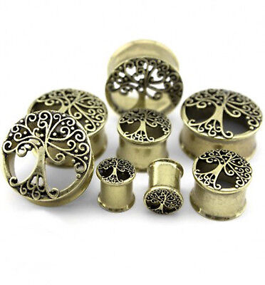 PAIR-Tree of Life Vintage Gold Plate Double Flare Ear Tunnels 19mm/3/4" Gauge B