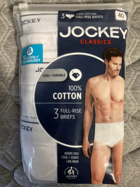 Jockey Classics 3 Full Rise Briefs White 100% Cotton Size 40