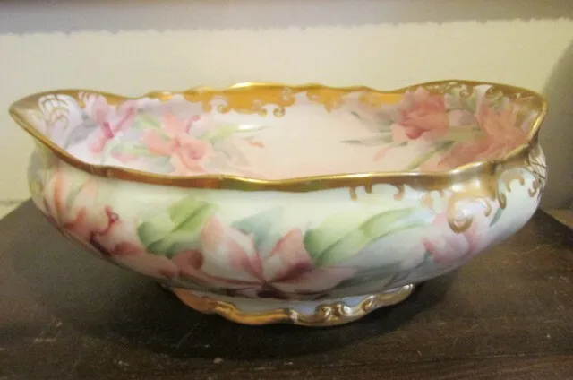 T. Haviland Limoges France Hand Painted Serving Bowl Pink Flowers Gold Signed