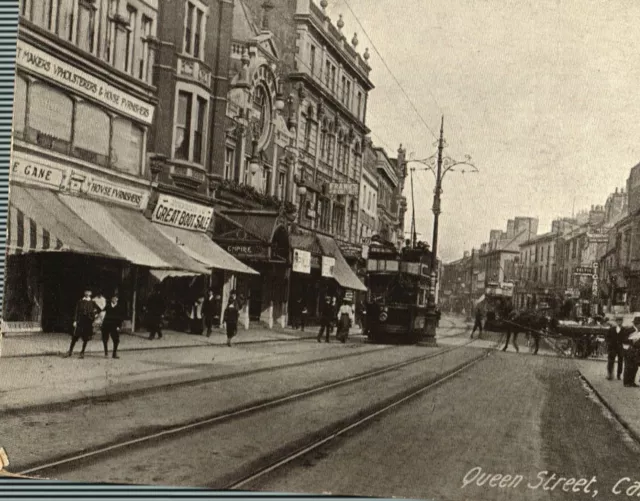 Edwardian Queen St. Downtown Street View Cardiff, Wales Antique (c.1908) RPPC