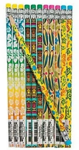 Pack of 12 - Luau Tropical Beach Wooden Pencils with Erasers - Party Fillers