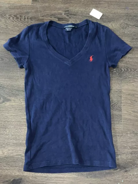 Polo Ralph Lauren T-Shirt Womens Small Blue Short Sleeve Red Pony Logo V Neck