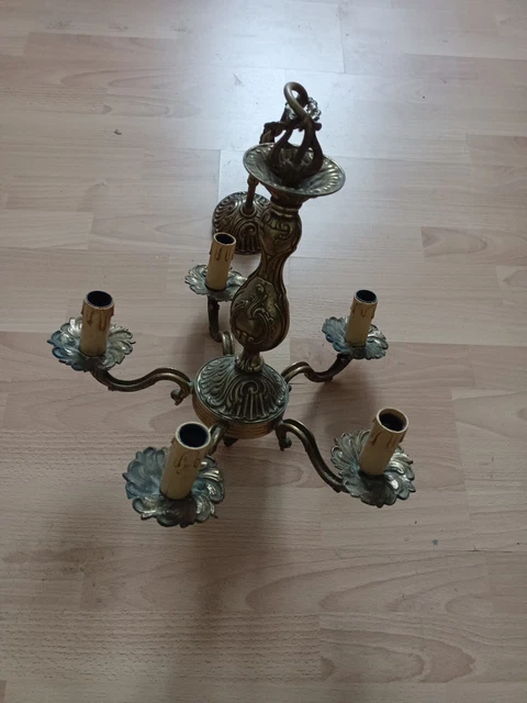 Grand Lustre Ancien En Laiton Et Cristal - 9 Lumières - 2 Étages - Style Rétro