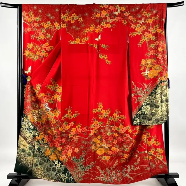 Japanese kimono SILK"FURISODE" long sleeves, SAKURA, Gold/Silver/Lame, L63".2861
