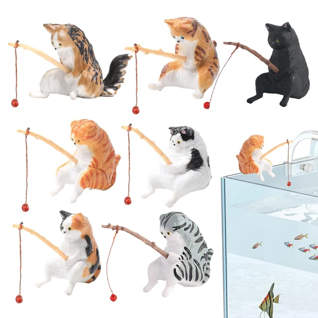 7PCS Cat Fishing Statue Figurine Mini Cute Aquarium Ornaments Home Decor