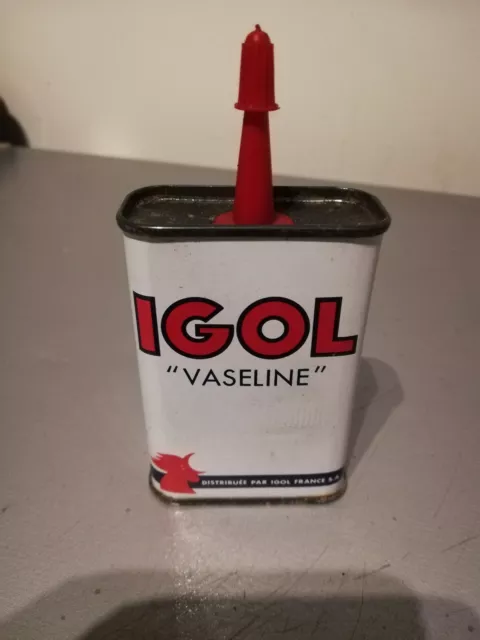 Ancien Bidon / burette d'huile IGOL Burette pleine de Vaseline, marque IGOL