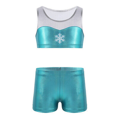 Mädchen Sport Outfit Glänzend Schneeflocke Muster Crop Top mit Shorts Tanz 2tlg.