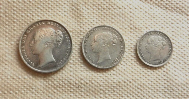 English Queen Victoria Silver Coins, shilling sixpence, threepence, 1859, 77, 86