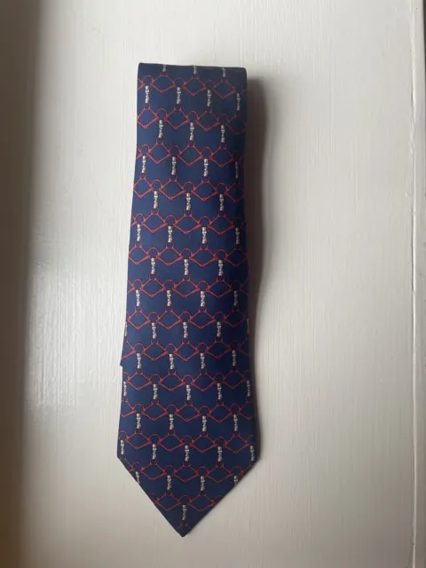 Hermes Mens 100% Silk Tie Blue Red Print Necktie France Luxury