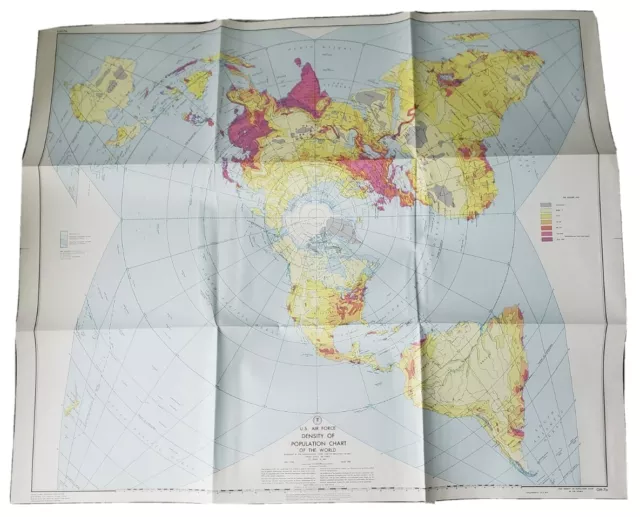 1960 US Air Force Chart Of The World Flat Earth Map Density of Population