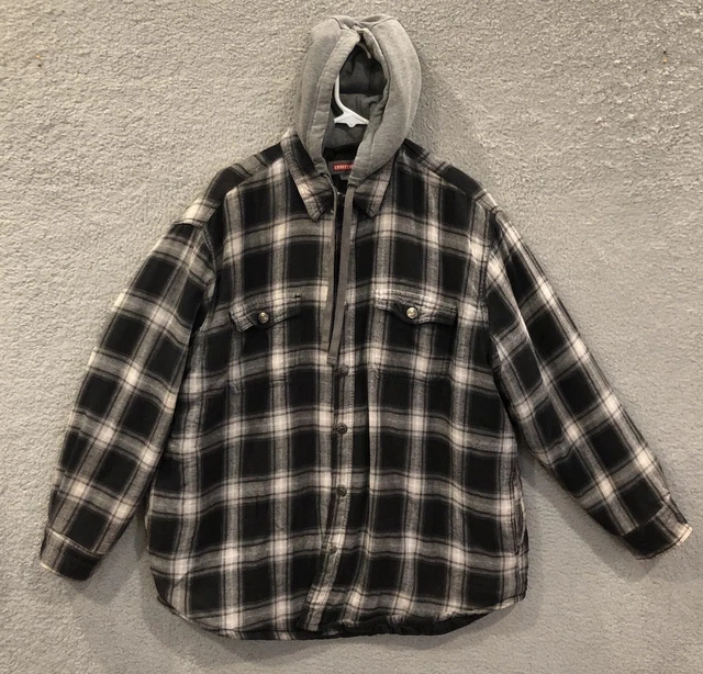 Craftsman Shacket Men’s XL Black Plaid Flannel Hooded Heavy Jacket Lined Quilted Craftsman Shacket Men’s XL Black Plaid Flannel Hooded Heavy Jacket Lined Quilted
