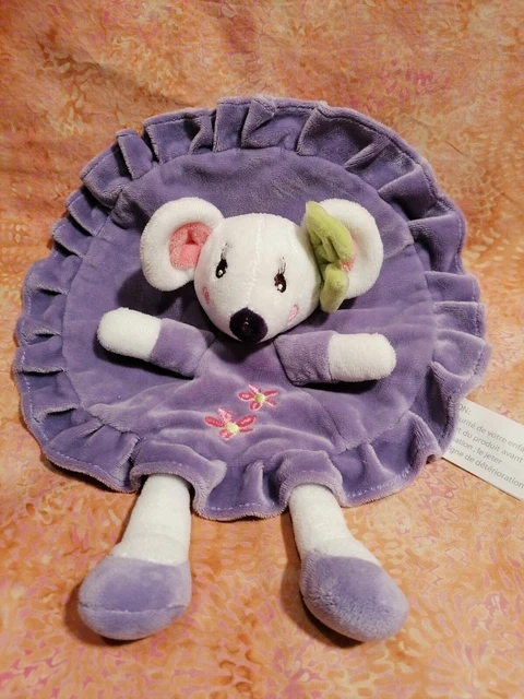 ⭐⭐⭐ Doudou Plat Rond Souris Violet Parme Fleurs Brodées Kimbaloo. Neuf*