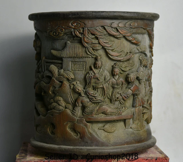 6.8" Antique Old Chinese Bamboo Root Carved Beauty Woman Brush Pot Pencil Vase