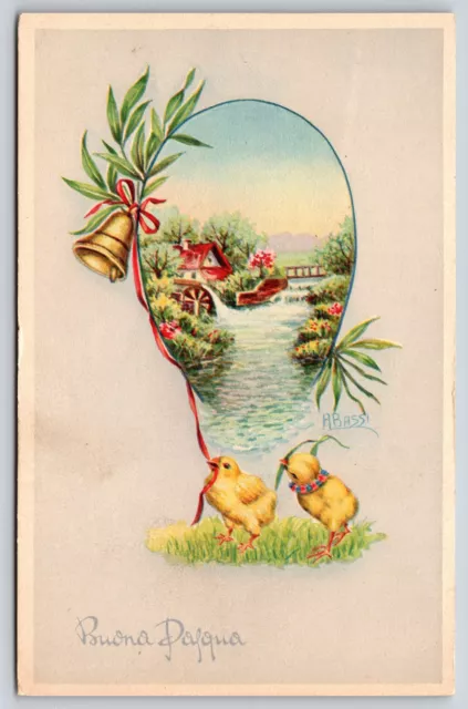 Holiday~Italian Happy Easter Fantasy~Abassi Signed~Inset Mill~Vintage Postcard