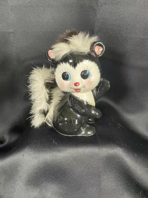 Vintage Ries Hand Decorated 1950's Skunk Piggy Bank Japan w/Fake Fur