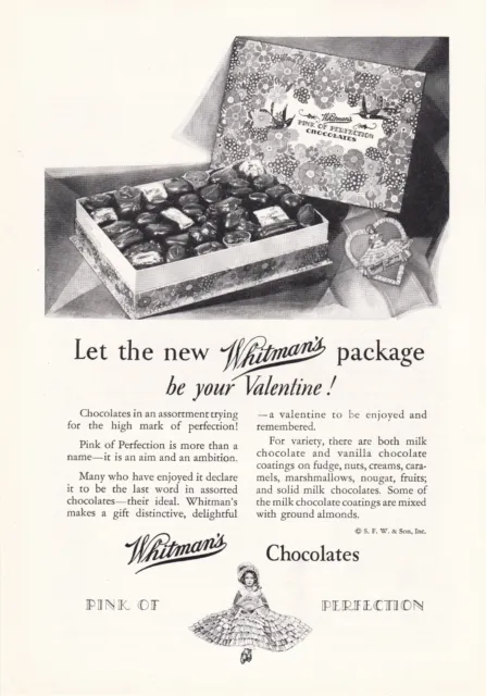 1928 Whitman's Box of Chocolates Vintage Print Ad Pink of Perfection Valentines