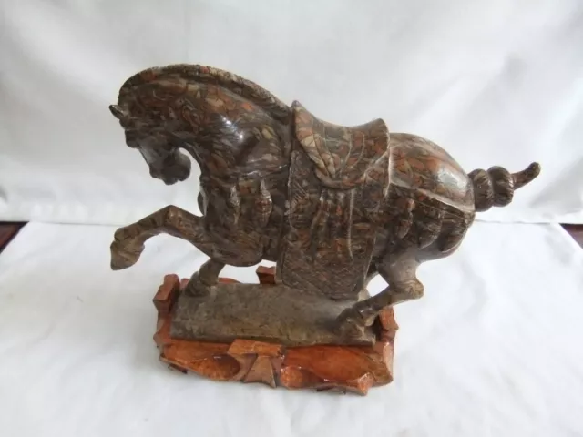 Antique Hand Carved Onyx/Marble Ornate Horse on Wood Stand Height 15x21x8 cm