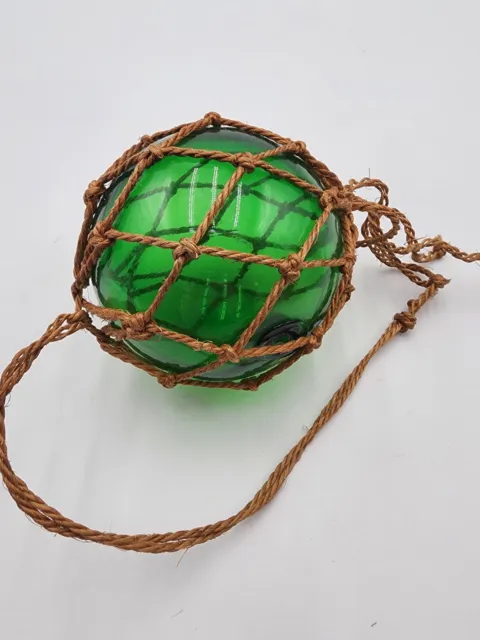 VTG Bright Green Japanese Hand Blown Glass Fishing Net Float Ball Globe Buoy 5"